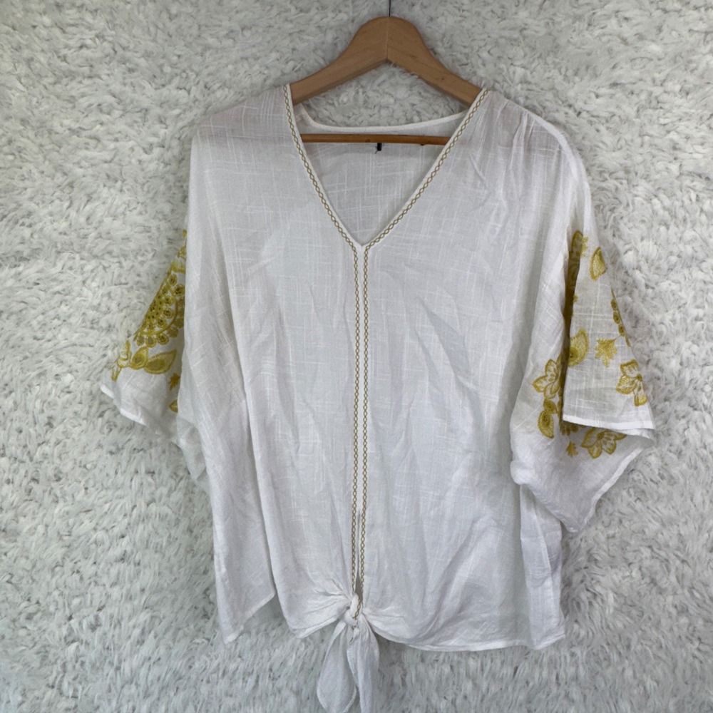 Max Edition Embroidered Tie Front Top Womens Large L White Boho Peasant Blouse